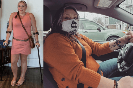 woman with disability driving crutches hand controls