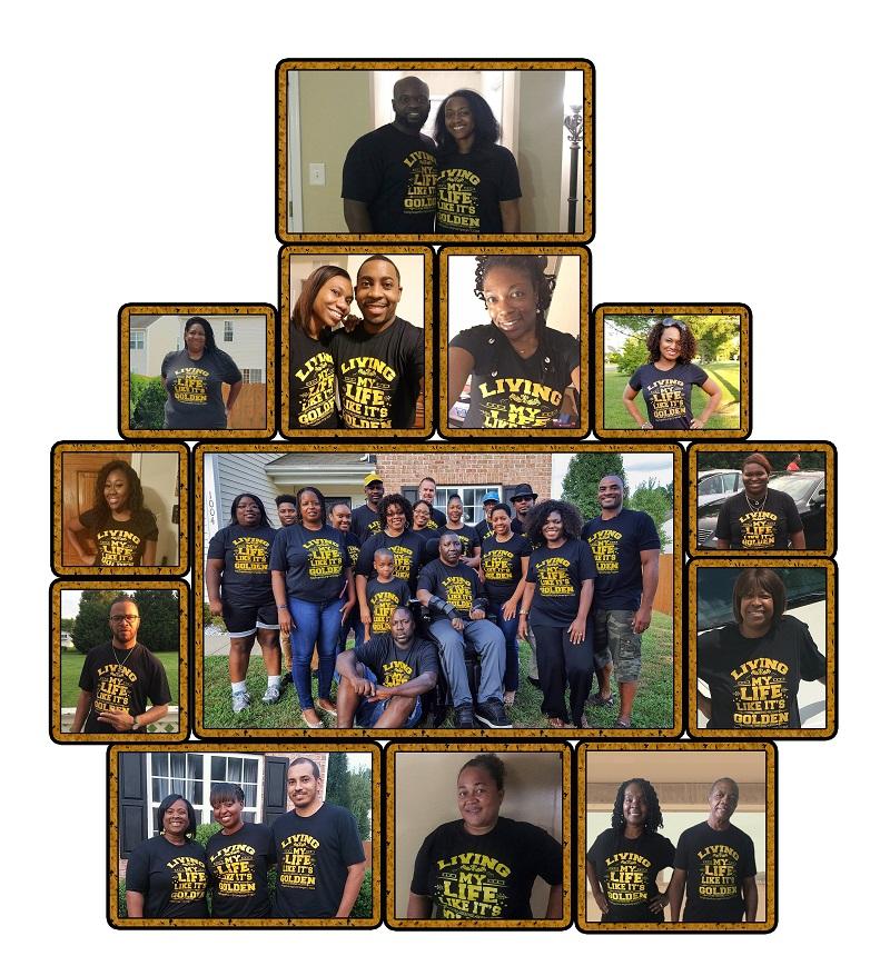 A photo collage shows thirteen pictures of supporters of Stephany Golden wearing matching fundraiser t-shirts.