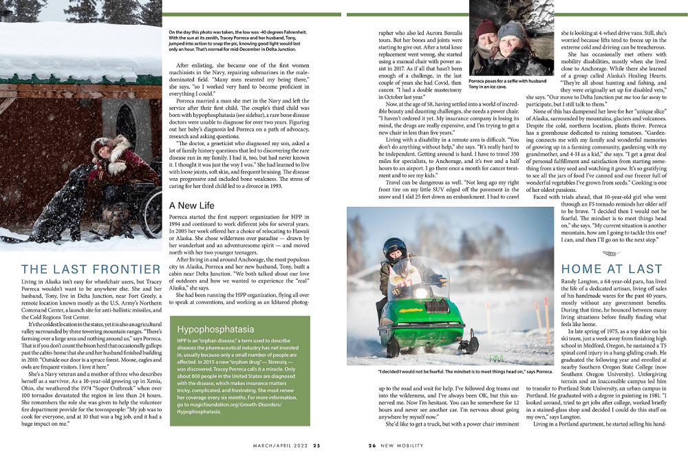 A two-page article in New Mobility magazine about Tracey Porreca's mobility experiences living in rural Alaska. Photos include Tracey in a wheelchair in the snow outside of her home and Tracey on a bright green snowmobile.