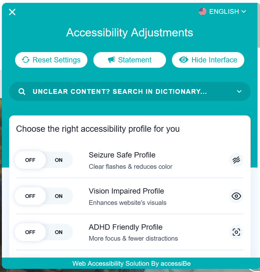 the accessiBe accessibility menu on the Help Hope Live website, showing just three of dozens of accessibility settings available
