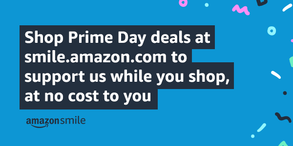 A blue graphic with abstract pastel decorations reads: Shop Prime Day deals at smile.amazon.com to support us while you shop, at no cost to you. There is a black amazon smile logo