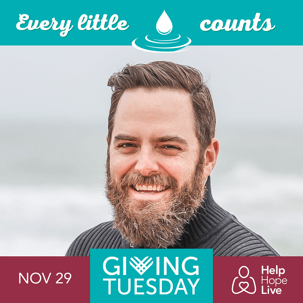 A customized profile picture for GivingTuesday from Help Hope Live reads Every little bit counts with a water droplet graphic. Nov 29 GivingTuesday Help Hope Live. There is a sample client image in the center.