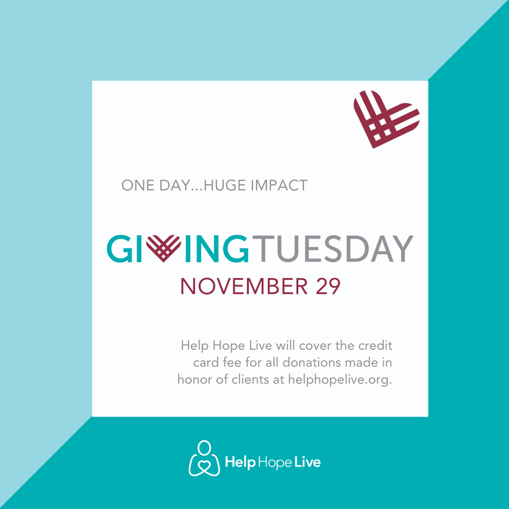 A teal and light blue graphic reads One Day...Huge Impact. GivingTuesday November 29. Help Hope Live will cover the cedit card fee for all donations made in honor of clients at helphopelive.org. Help Hope Live.