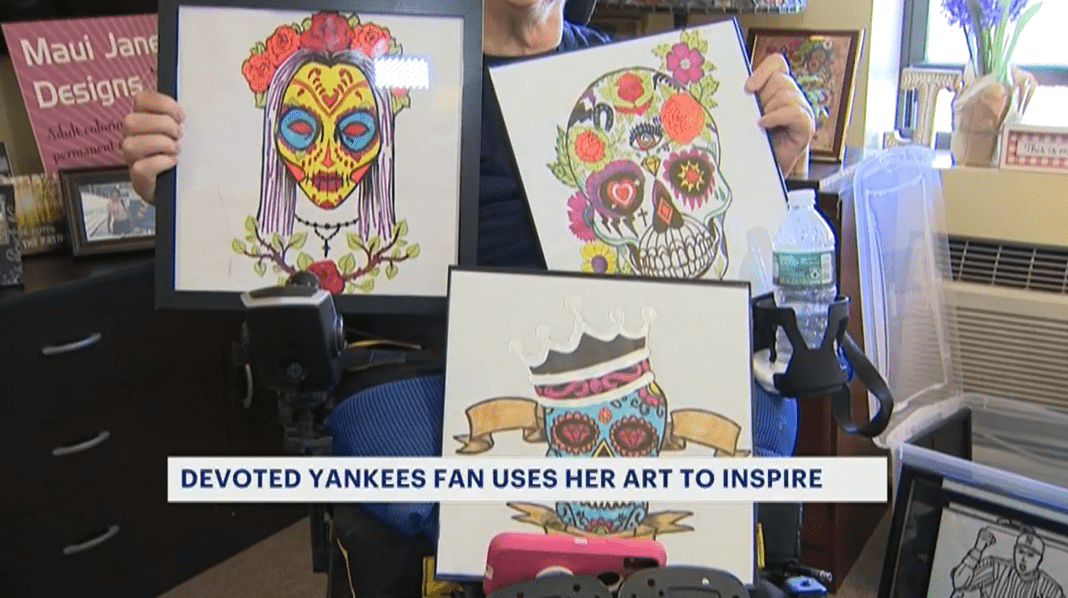 Three colorful artworks by Jane Koza depict Mexican Day of the Dead sugar skulls in vivid color. A ticker caption reads Devoted Yankees Fan Uses Her Art to Inspire.