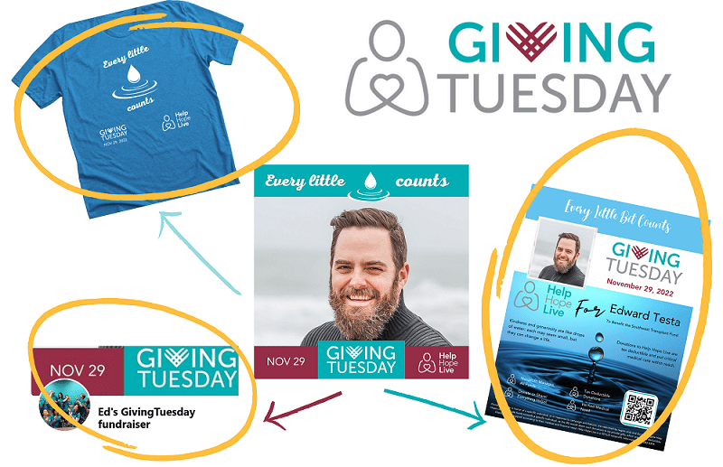 A graphic shows several GivingTuesday fundraising options with circles and arrows in gold, teal, and maroon: a customized profile picture, a Bonfire t-shirt, a GivingTuesday flyer, and a Facebook Fundraiser.