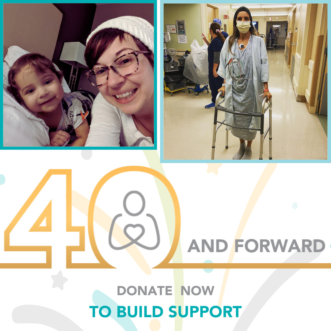 A graphic reads 40 and Forward: Donate Now to Build Support with two pictures of Help Hope Live clients. The first is a toddler with curly brown hair smiling next to his mother, who has light skin, short red-brown hair, glasses, and a white beanie. The second client is a woman with light brown skin wearing a yellow face mask in a hospital gown and hospital socks walking down a hospital hallway with a walker.
