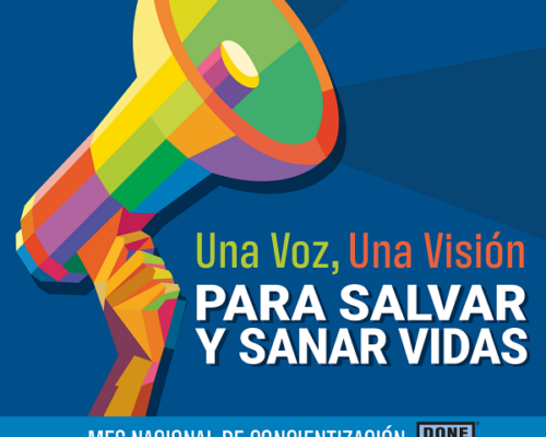 Poster reading “Una Voz, Una Visión para salvar y sanar vidas” and announcing National Awareness Month for Minority Donors